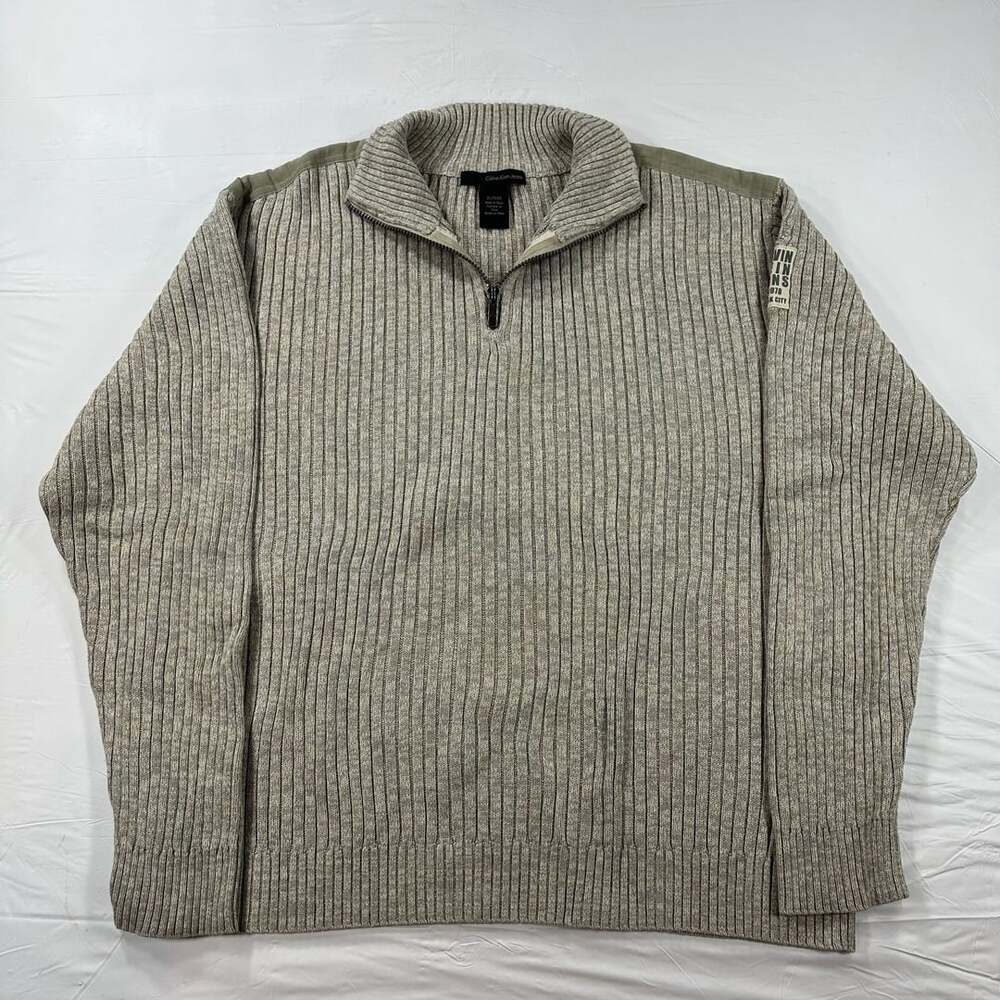 Calvin Klein Jeans Men's XL Ribbed Quarter Zip Sweater Grey Tan